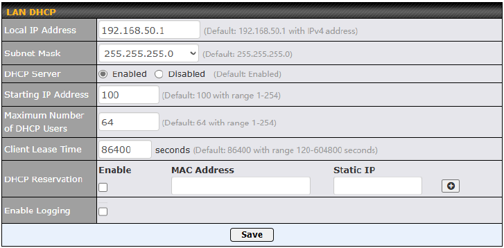 Modeminstellingen - LAN DHCP