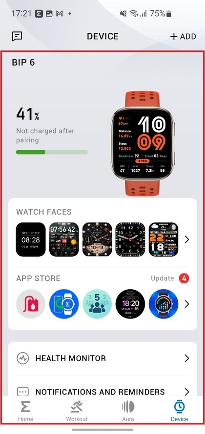 Apparaatpagina toont Amazfit Bip 6 succesvol gekoppeld