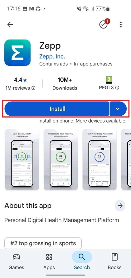 Google Play Store toont de installatiepagina van de Zap-app