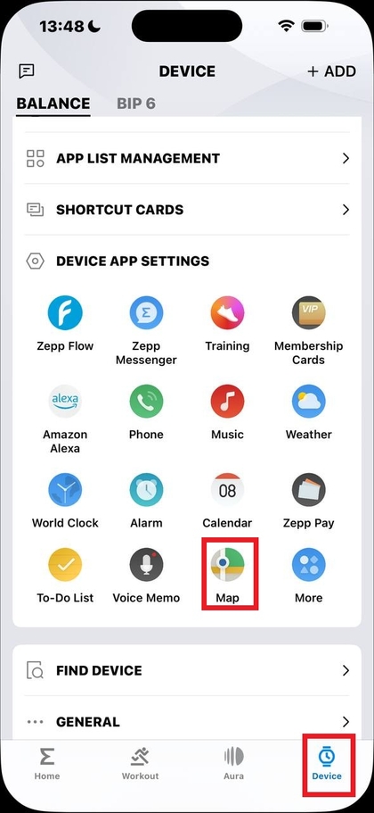 Scherm van het apparaatmenu in de Zepp-app