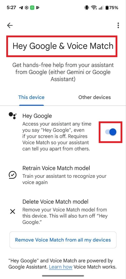 Schakel Hey Google en Voice Match in