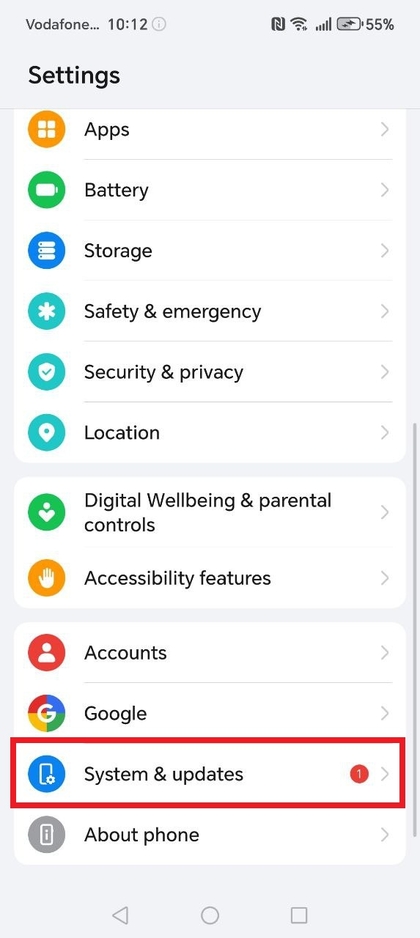 Optie Systeem en Updates vinden op HONOR 400 Lite