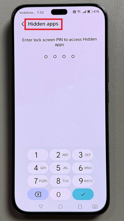 Verificatiescherm voor verborgen apps op HONOR 400 Lite