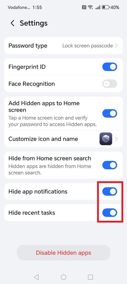 Beveiligde instellingen voor verborgen apps op HONOR 400 Lite
