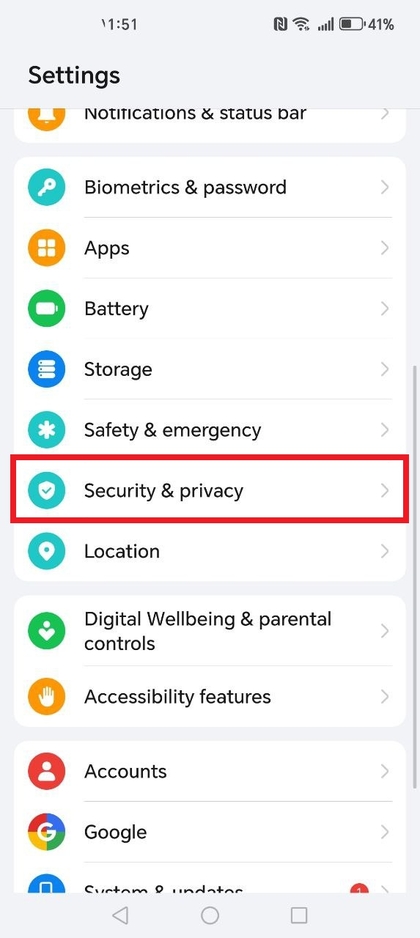 Optie Beveiliging en Privacy in HONOR 400 Lite instellingen