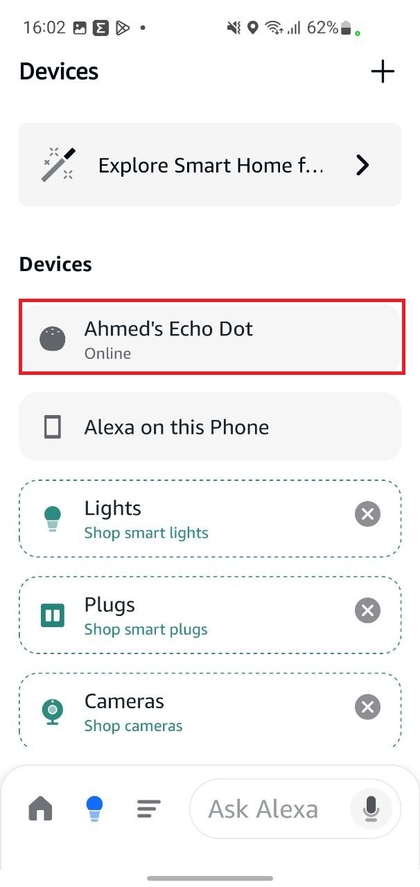 De nieuw ingestelde Echo Dot zoeken in de Alexa-app