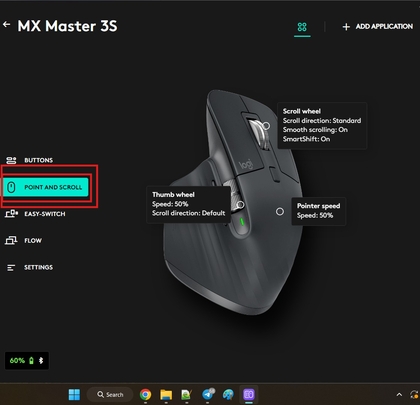 Gedeelte 'Aanwijzen en scrollen' in Logitech Options Plus