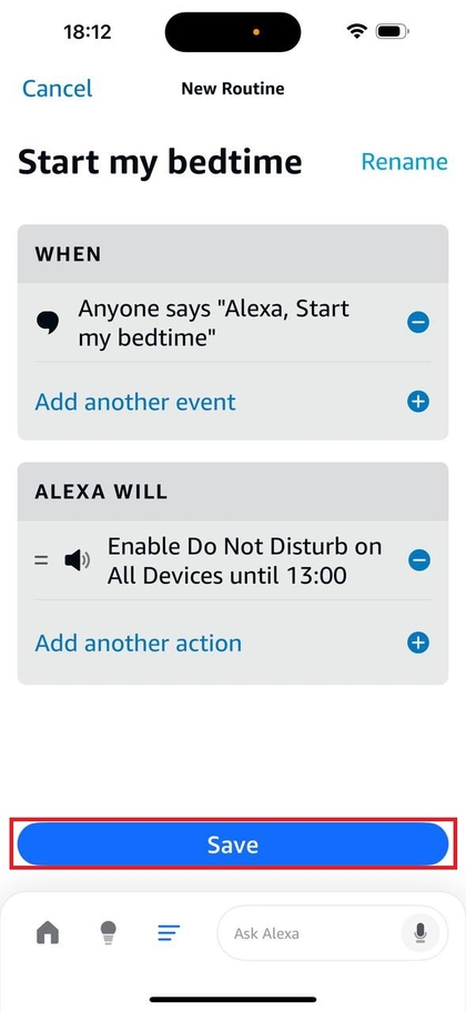 Een routine opslaan en inschakelen in de Alexa app