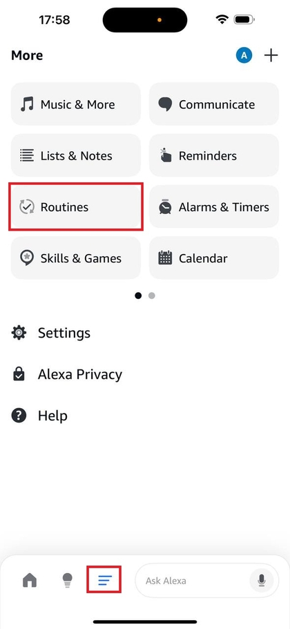 Tik op de knop Meer in de Alexa app