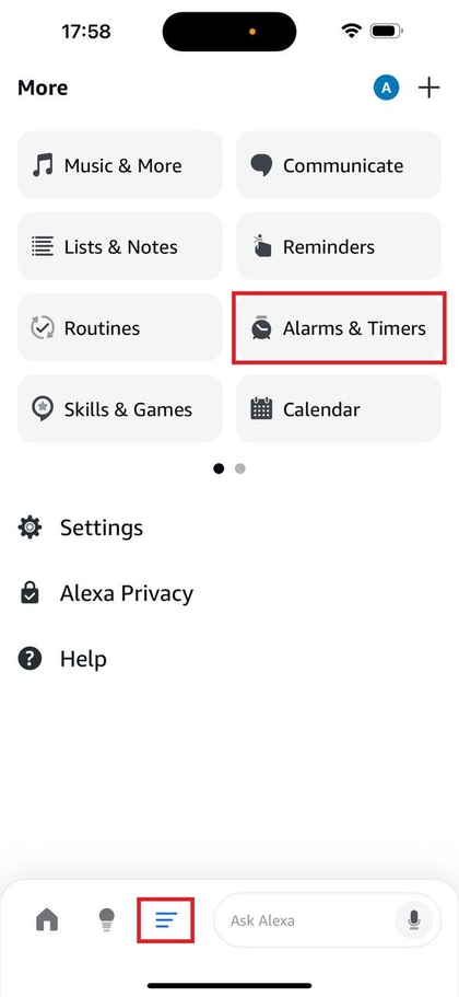 Alexa app toont alarminstellingen
