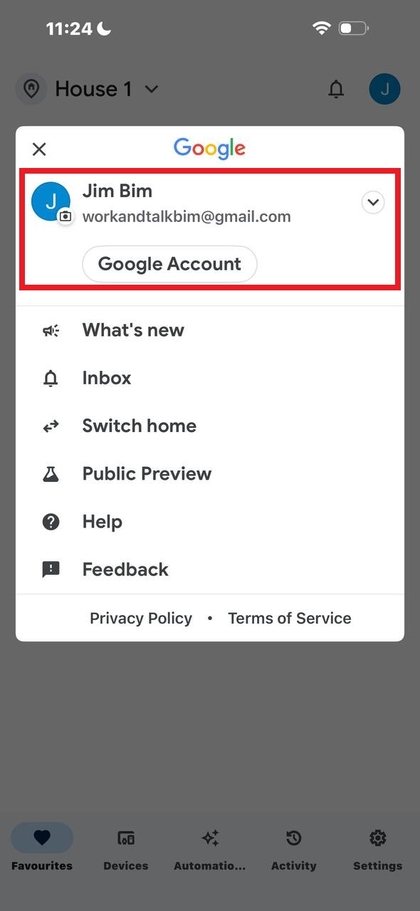 Google-account selecteren in de Google Home-app