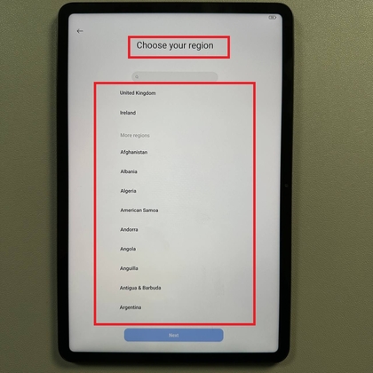 Regio selectie menu op Xiaomi Pad 6