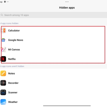 Op de schakelaar tikken om een app te verbergen op de Xiaomi Pad 6
