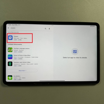 Zoeken naar de Ampere-app in Google Play Store
