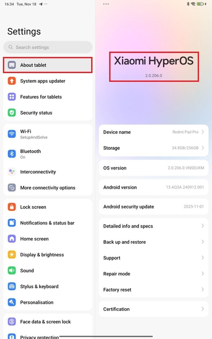 Sectie Over tablet op Xiaomi Redmi Pad Pro