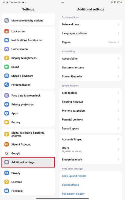 Menu Aanvullende instellingen op Redmi Pad Pro