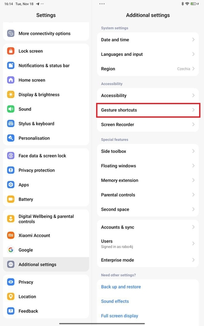 Menu Bewegingssnelkoppelingen op Redmi Pad Pro