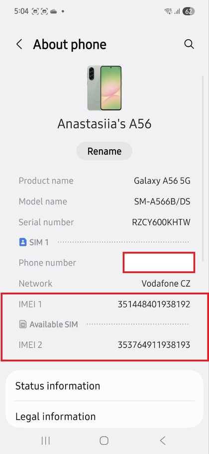 IMEI-details in Over telefoon instellingen op Samsung Galaxy A56