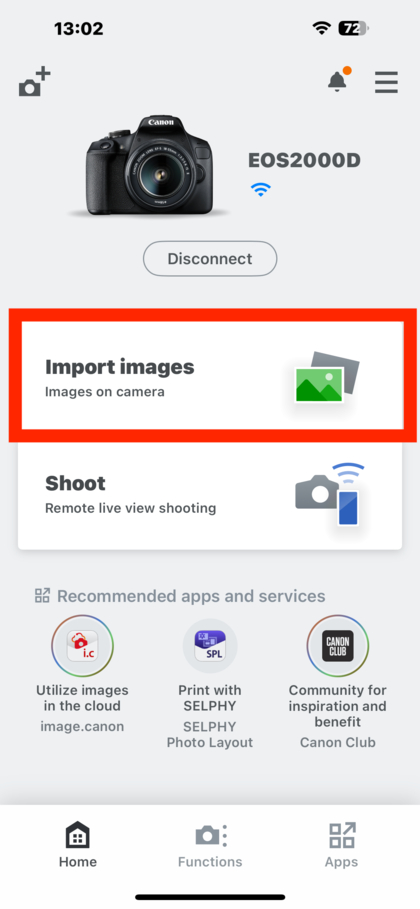 Optie voor beeldoverdracht op Canon-camera-app