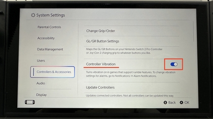 Controller vibratie in- of uitschakelen op Nintendo Switch 2