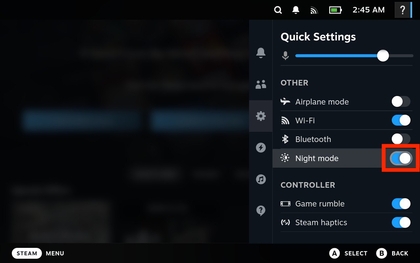Steam Deck met de schakelknop voor de nachtmodus