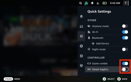 Schakelaar trillingsinstellingen op Steam Deck OLED