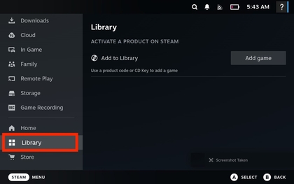 Scrollen naar de sectie Bibliotheek in de Steam Deck instellingen
