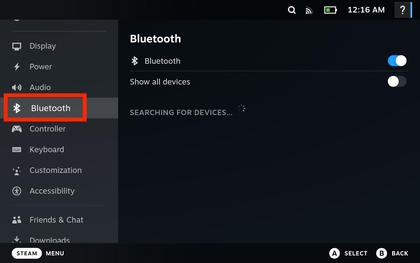 Instellingenmenu van Steam Deck OLED met Bluetooth-optie