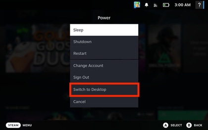Aan/uit-knop ingedrukt houden om over te schakelen naar de desktopmodus op Steam Deck