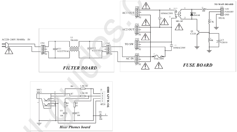 AC-ingang, relais en hoofdtelefoon PCB-schema
