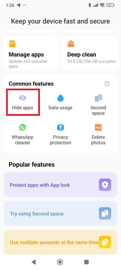Functie Apps verbergen in de Xiaomi Security-app