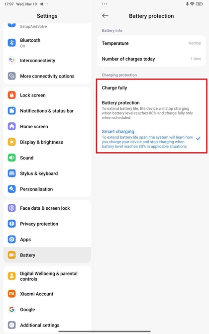 Opties voor batterijbescherming op Xiaomi Redmi Pad Pro