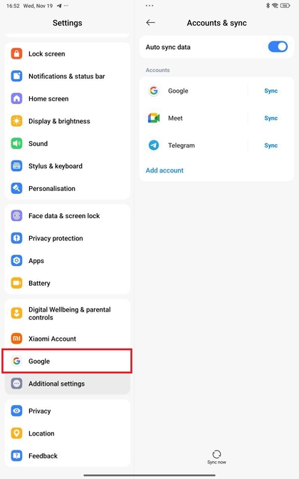 Menu met Google-instellingen op Xiaomi Redmi Pad Pro
