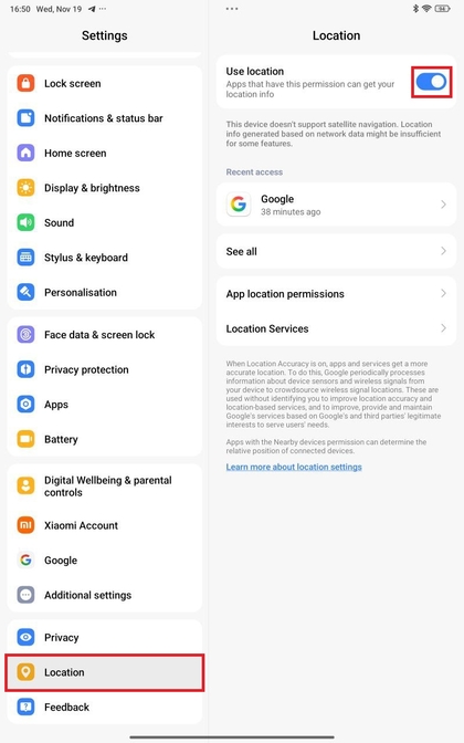 Menu met locatie-instellingen op Xiaomi Redmi Pad Pro
