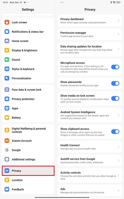 Privacy-instellingen op Xiaomi Redmi Pad Pro