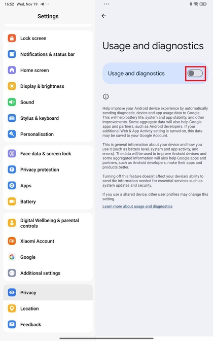 Gebruik en diagnose uitschakelen op Xiaomi Redmi Pad Pro