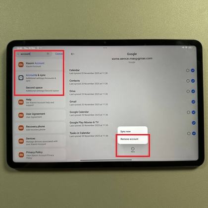 Optie Google-account verwijderen op Xiaomi Pad 6