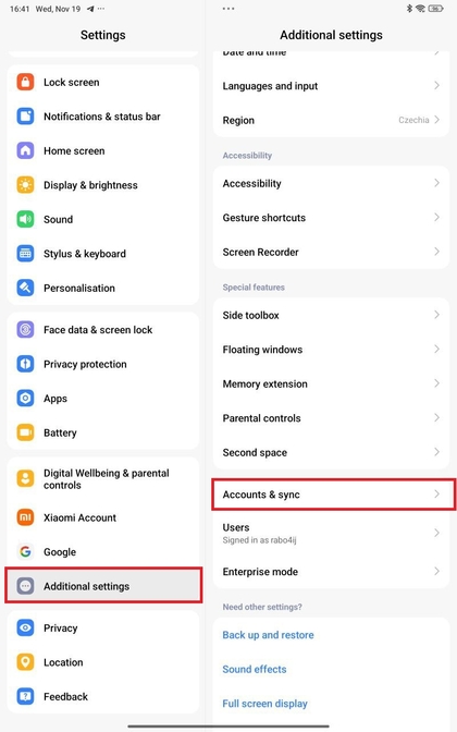 Sectie Accounts en synchronisatie op Xiaomi Redmi Pad Pro