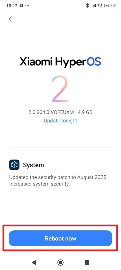 Knop Opnieuw opstarten na software-update
