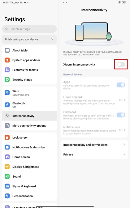 Interconnectiviteit UIT positie op Xiaomi-instellingen