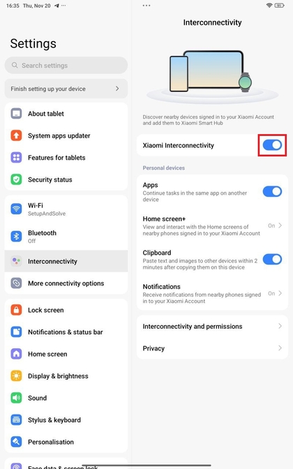 Interconnectiviteit AAN positie op Xiaomi-instellingen