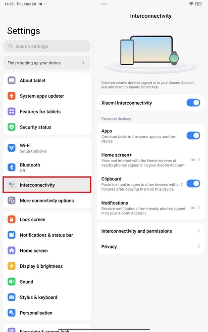 Xiaomi Interconnectiviteitsgedeelte in het instellingenmenu