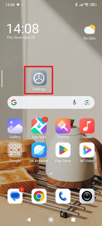 Xiaomi Redmi Note 14 Pro startscherm met het pictogram van de app Instellingen gemarkeerd