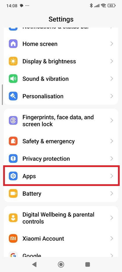 Xiaomi Redmi Note 14 Pro instellingen met de optie Apps gemarkeerd