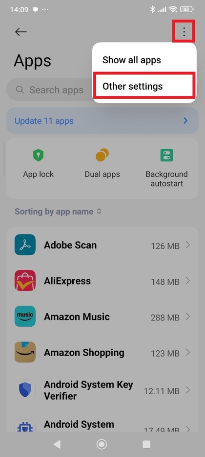 Xiaomi Redmi Note 14 Pro met 3-stippenmenu gemarkeerd in Apps beheren