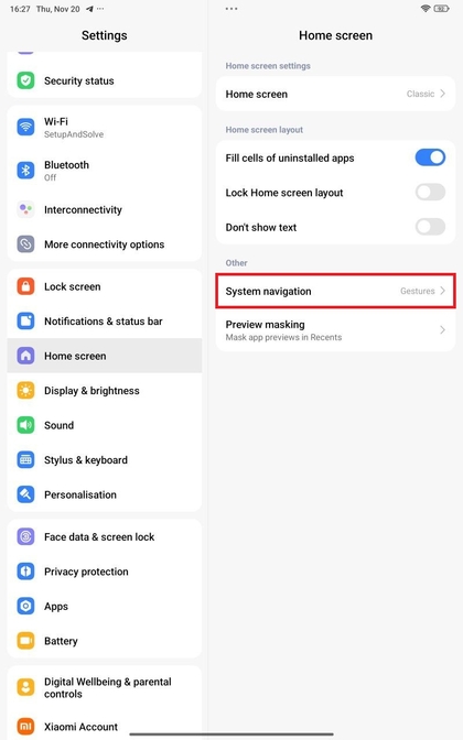 Instellingen systeemnavigatie op Xiaomi Redmi Pad Pro