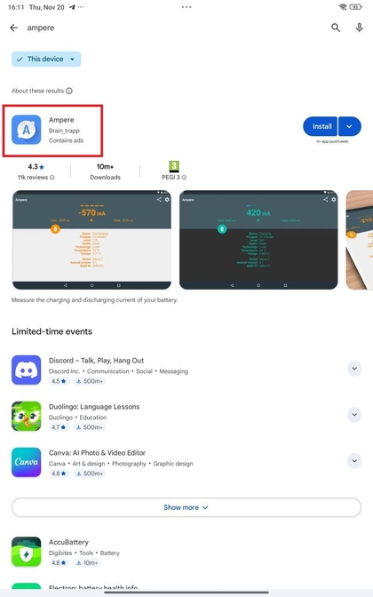 Zoek naar de Ampere-app in de Play Store