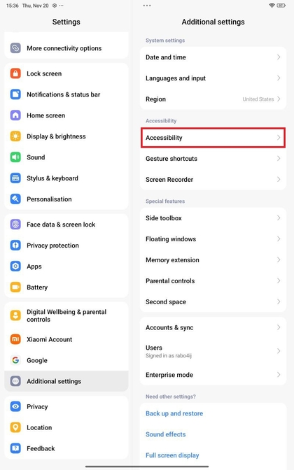 Toegang tot toegankelijkheidsinstellingen op Xiaomi Redmi Pad Pro