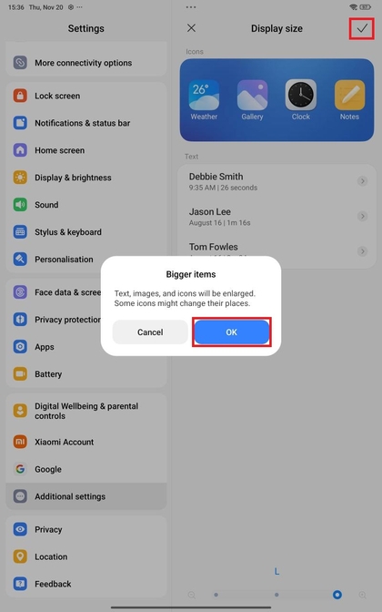 Wijzigingen in de weergavegrootte bevestigen op Xiaomi Redmi Pad Pro