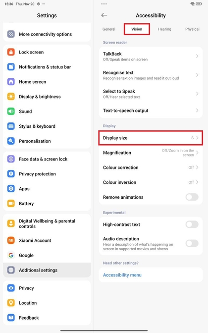 Zichtinstellingen openen op Xiaomi Redmi Pad Pro